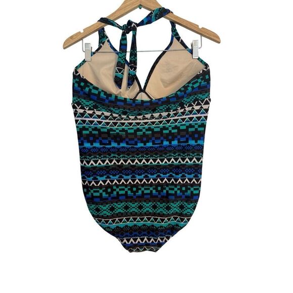 Merona Geometric Print Green Blue Black Halter One Piece Padded Swimsuit Large - Picture 4 of 15